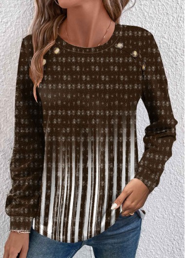 Dark Camel Button Ombre Long Sleeve T Shirt