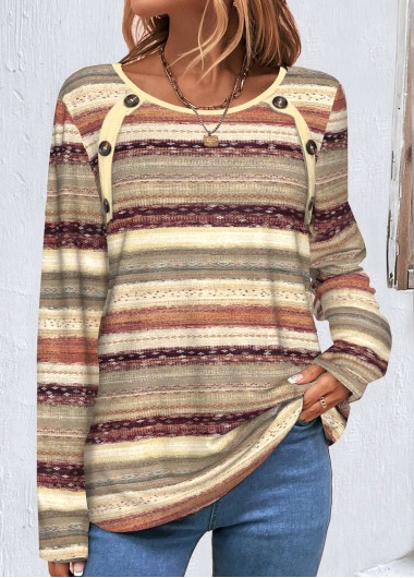 Multi Color Button Geometric Print T Shirt