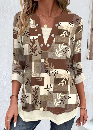 Dark Camel Fake 2in1 Random Floral Print Blouse