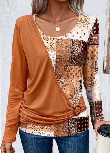 Orange Asymmetry Patchwork Long Sleeve T Shirt
