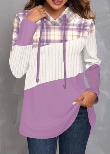 Purple Patchwork Plaid Long Sleeve Hoodie