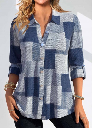 Denim Blue Button Denim-effect Print Long Sleeve Blouse