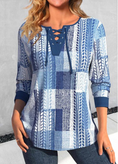 Denim Blue Lace Up Geometric Print T Shirt