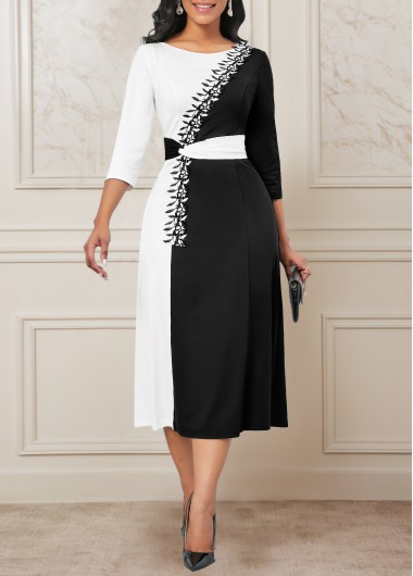 Black Patchwork Three Quarter Length Sleeve Dress