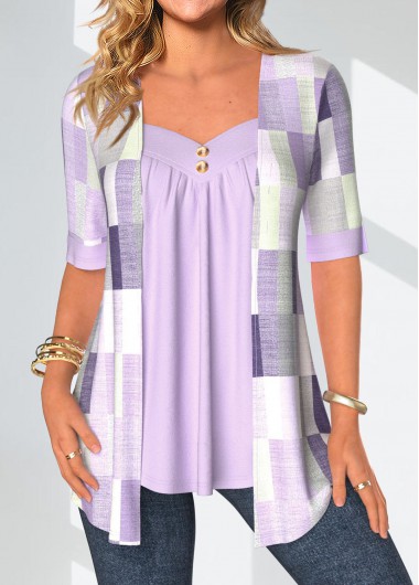 Light Purple Fake 2in1 Geometric Print Half Sleeve Blouse