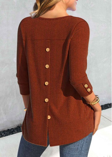 Brick Red Button Long Sleeve Round Neck T Shirt