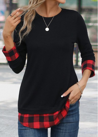 Red Patchwork Plaid Long Sleeve Round Neck T Shirt
