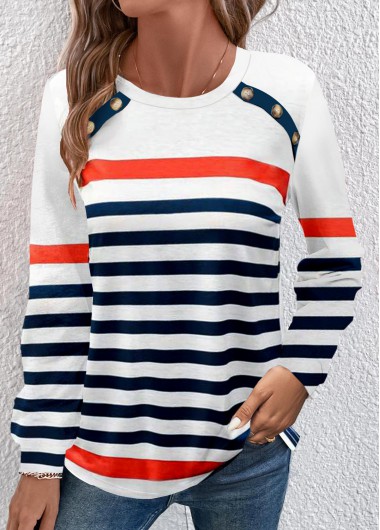 Navy Button Multi Stripe Print Long Sleeve T Shirt