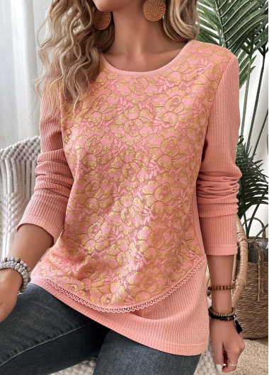 Dusty Pink Layered Long Sleeve Round Neck T Shirt