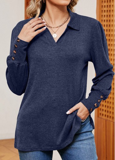 Navy Button Long Sleeve Turn Down Collar T Shirt