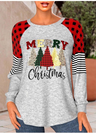 Red Patchwork Christmas Print Long Sleeve T Shirt