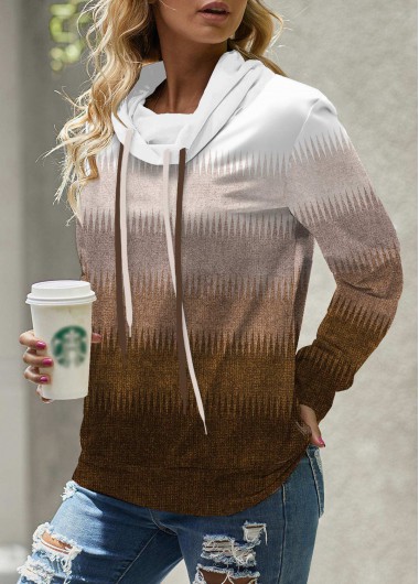 Dark Camel Patchwork Ombre Long Sleeve Cowl Neck Sweatshirt