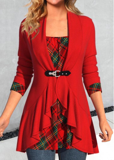 Red Fake 2in1 Plaid Long Sleeve T Shirt