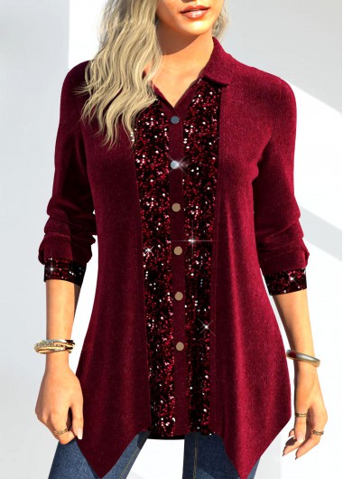 Wine Red Velvet Long Sleeve Shirt Collar Blouse