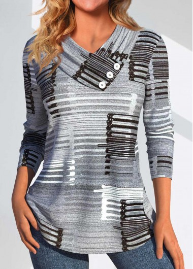 Dark Grey Marl Button Geometric Print T Shirt