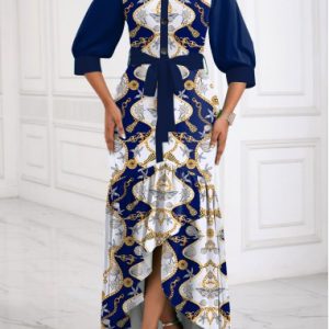 Navy Patchwork Tribal Print High Low Belted Dress