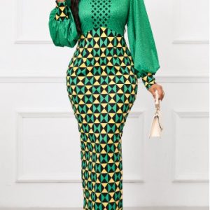 Green Patchwork Geometric Print Maxi Bodycon Dress