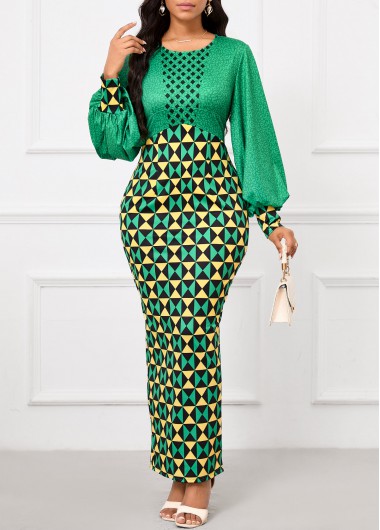 Green Patchwork Geometric Print Maxi Bodycon Dress