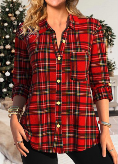 Red Button Plaid Long Sleeve Shirt Collar Blouse