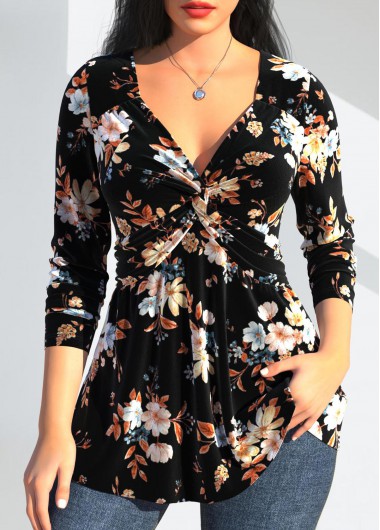 Black Twist Random Floral Print Long Sleeve T Shirt