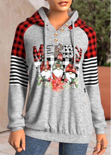 Light Grey Marl Patchwork Christmas Print Long Sleeve Hoodie