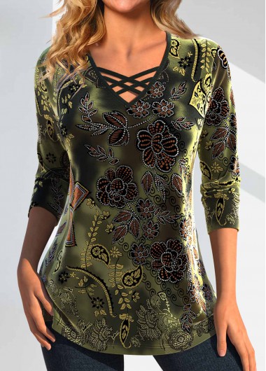 Olive Green Velvet Tribal Print Long Sleeve T Shirt