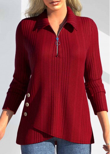 Red Zipper Long Sleeve Polo Collar T Shirt