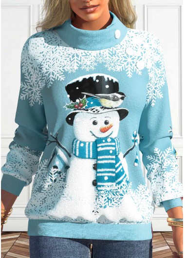 Light Blue Button Snowman Print Long Sleeve Sweatshirt