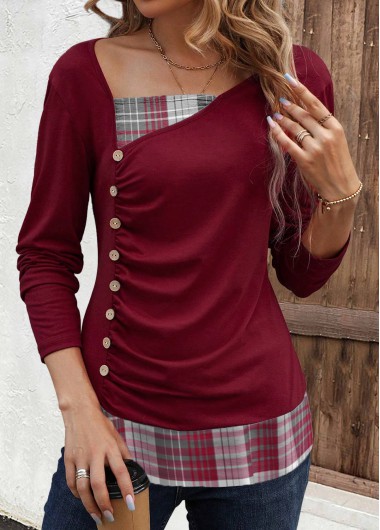 Deep Red Patchwork Plaid Long Sleeve Asymmetrical Neck Sweatshirt