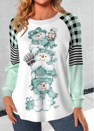 Mint Green Patchwork Snowman Print Christmas Sweatshirt