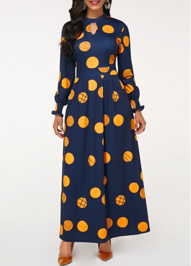 Navy Cut Out Polka Dot Long Sleeve Maxi Dress