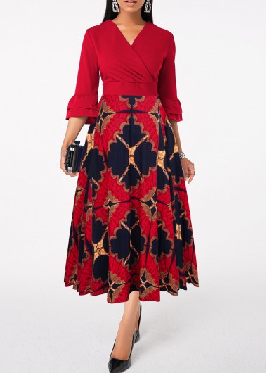 Wine Red Patchwork Tribal Print Cross Collar Dress