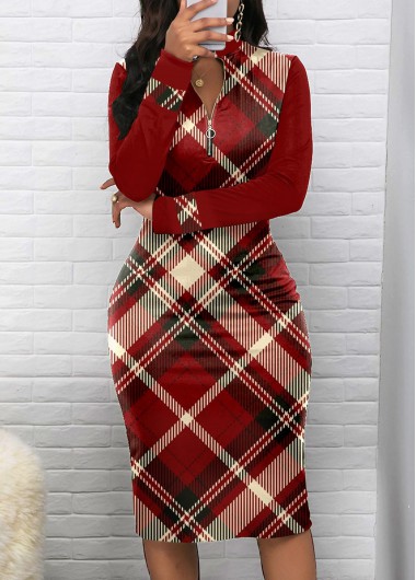 Wine Red Zipper Plaid Long Sleeve Bodycon Dress