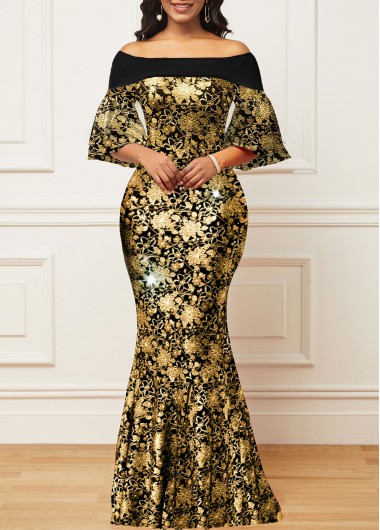 Black Floral Print Maxi Mermaid Bodycon Dress