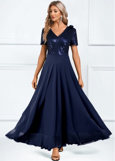 Navy Sequin Short Sleeve V Neck Dress