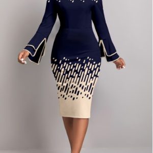 Navy Contrast Binding Geometric Print Long Sleeve Dress