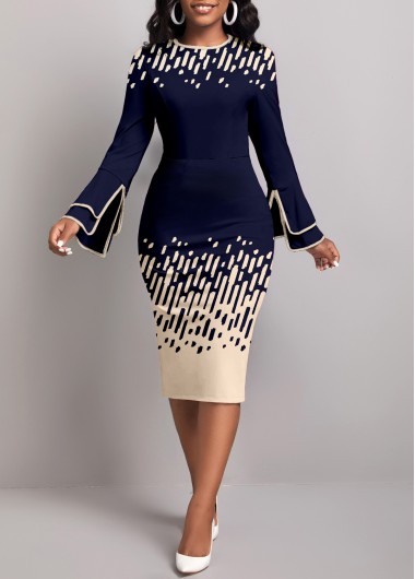 Navy Contrast Binding Geometric Print Long Sleeve Dress