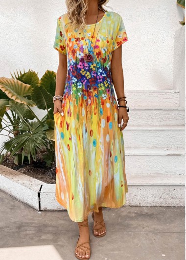 Yellow Pocket Random Floral Print Maxi Shift Dress