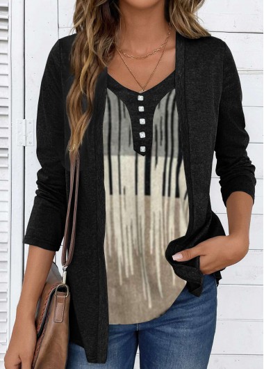 Black Fake 2in1 Long Sleeve V Neck T Shirt