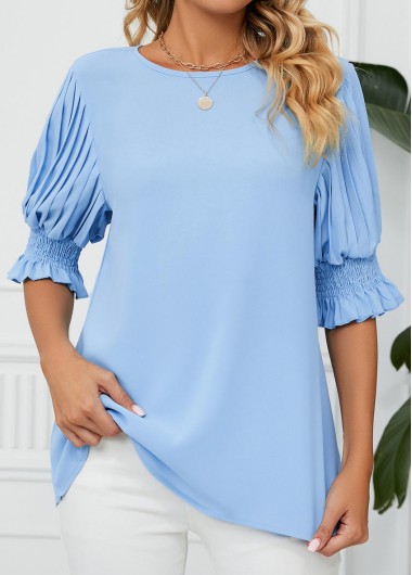 Light Blue Smocked Round Neck Blouse