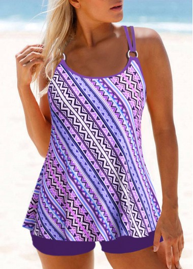 Geometric Print Purple Tankini Set