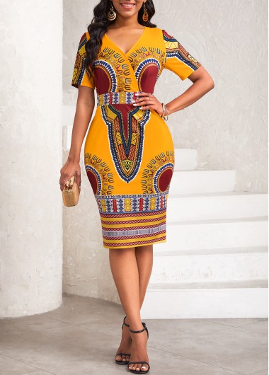 Orange Patchwork African Tribal Print Short Sleeve Bodycon Dress