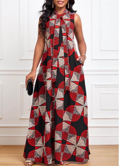 Red Ribbon Geometric Print A Line Sleeveless Dress