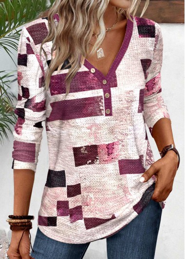 Dark Reddish Purple Button Geometric Print T Shirt