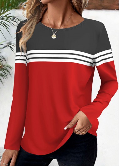 Red Striped Long Sleeve Round Neck T Shirt