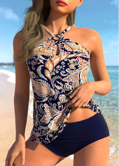 Cut Out Circular Ring Paisley Print Navy Tankini Set