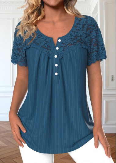 Peacock Blue Patchwork Short Sleeve Round Neck Blouse