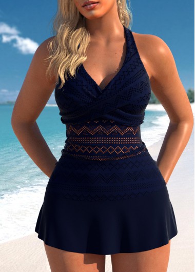 Lace Surplice V Neck Navy Tankini Set