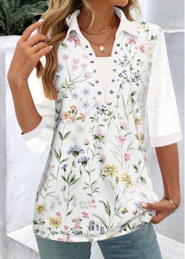 White Patchwork Floral Print Shirt Collar Blouse
