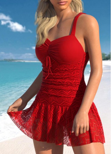 Lace Ruched Red One Piece Swimwear